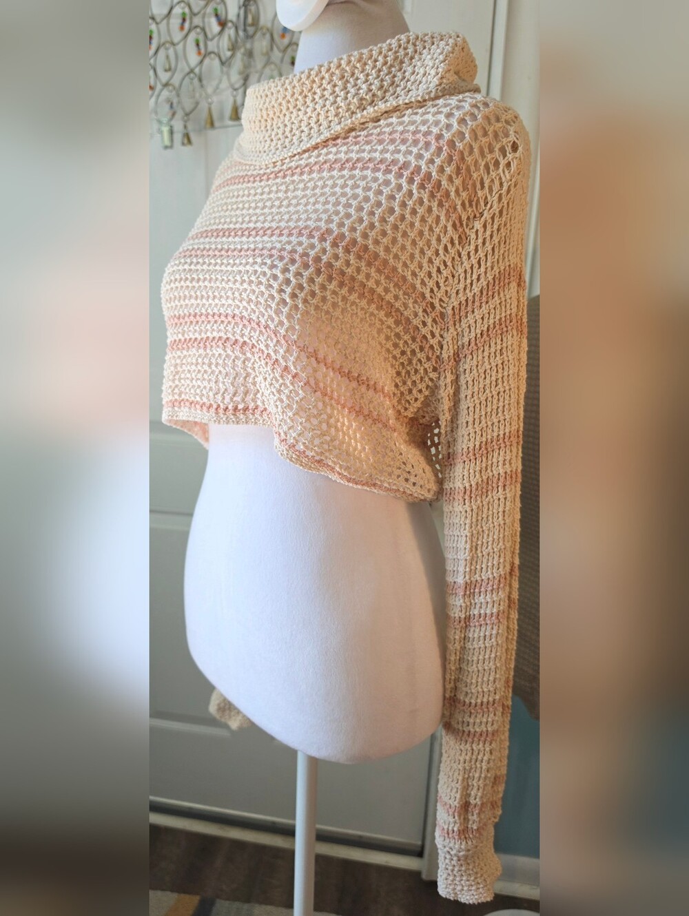 Free People Beach Montauk Dunes Crochet Cropped Sweater Womens OSFM Cream Rose